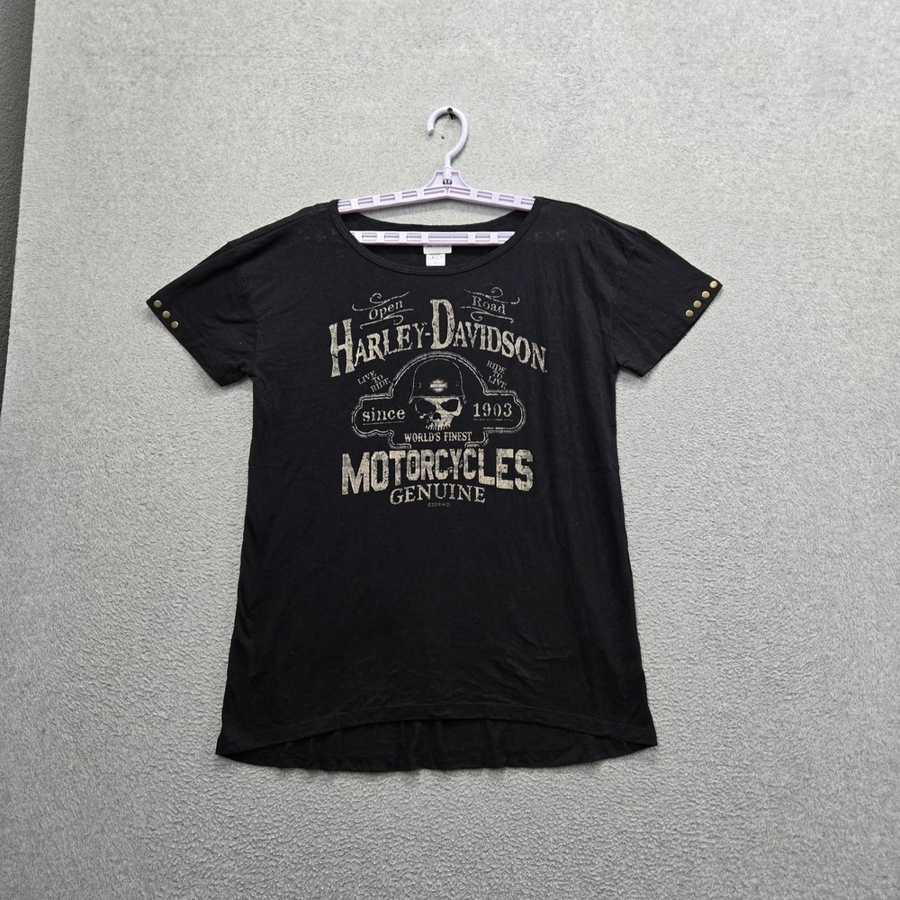 Harley-Davidson Women Shirt L Black Graphic Skull Mitchell Modesto CA